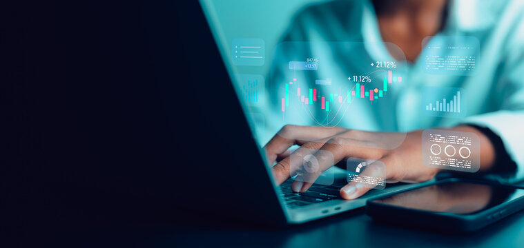 Business analytics and financial technology concept with digital stock market data on laptop screen