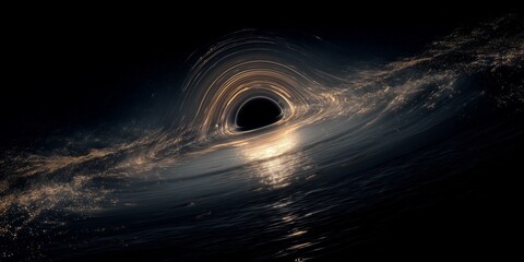 Massive black hole bending light and matter in space with glowing accretion disk and intense gravitational distortion of surrounding field