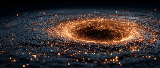 Futuristic glowing black hole surrounded by swirling golden particles and dark circular formations in a high-tech abstract space concept