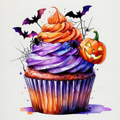 Vibrant Halloween cupcake features orange frosting, purple swirls, and spooky decorations in a festive autumn setting