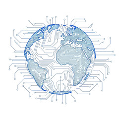 Global Network Circuitry: A stylized depiction of the Earth interconnected by digital pathways