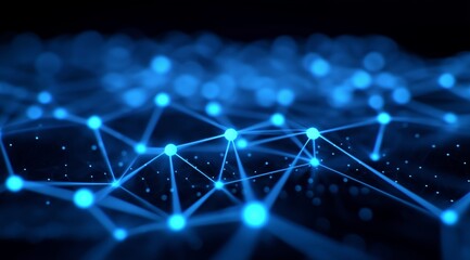 Blue glowing points connected by fine digital lines over a dark background illustrating a futuristic data network and virtual connectivity