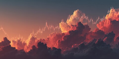 Stock Market Candlestick Chart in Dramatic Sunset Clouds, Financial Growth and Volatility Concept Art