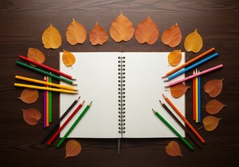 Open spiral notebook surrounded by colorful pencils and dried autumn leaves on a dark wooden table, symbolizing creativity and fall season