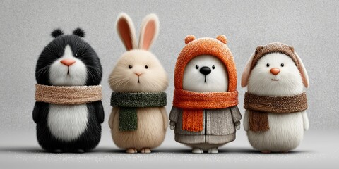 Adorable Winter Animals in Cozy Scarves and Hats, Cute Cartoon Companions for the Cold Season