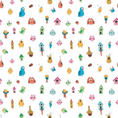 Obraz premium Cute birds and their birdhouses seamless pattern. Cute Cartoon birds background. Vector Illustration