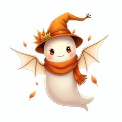 Friendly ghost in a pumpkin hat and scarf enjoys autumn leaves in a magical setting