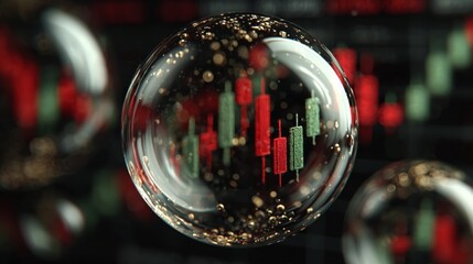 Transparent bubble encases a volatile candlestick chart, symbolizing inflation risk and the fragile nature of economic speculation.