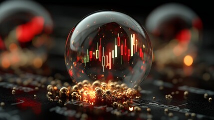 A glowing market chart floats inside a bubble, symbolizing financial fragility, inflationary pressure, and rising economic uncertainty.