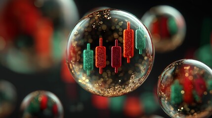 A close-up of red and green candlestick charts floating in a sparkling transparent bubble, symbolizing fragile market speculation and risk.