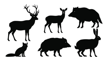 Wildlife silhouettes collection isolated on white background, Vector