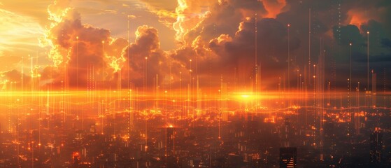 Golden Horizon, A City Bathed in Sunset Light with Rising Data Signals of Innovation and Expansion