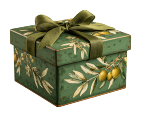 Gift box with olive design rustic decorative object isolated on transparent background