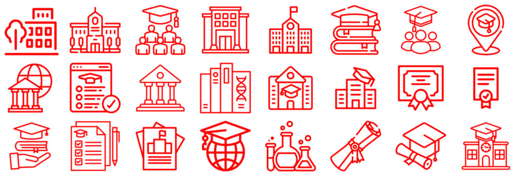 Red Education and University Icons Set