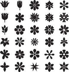 Black and White Flower Silhouette Set,
Floral Vector Icons Collection,
Decorative Blossom Pattern Design