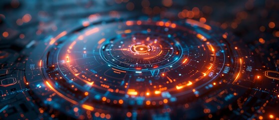 Futuristic Digital HUD Ring Interface with Circular Tech Elements in Neon Blue and Orange Glow for Sci-Fi or Cyber UI Design