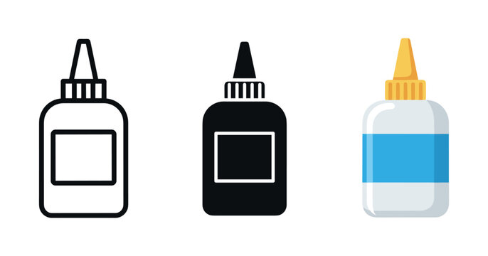 Set of glue bottles: outline, solid, and colored variations
