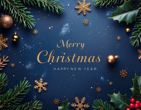 Golden Merry Christmas wishes on a blue background surrounded by spruce branches, golden baubles and golden snowflakes