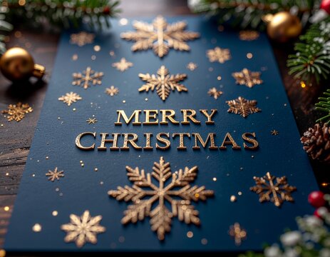 Golden Merry Christmas wishes on a blue background surrounded by spruce branches, golden baubles and golden snowflakes - Powered by Adobe