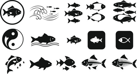 Fish icon, aquatic symbol, marine life, ocean graphic, skeleton, school, cad drawing flat vector illustration