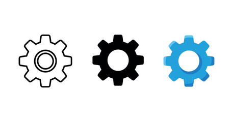 Obraz premium Set of three gear icons: outline, solid, and blue 3d styles