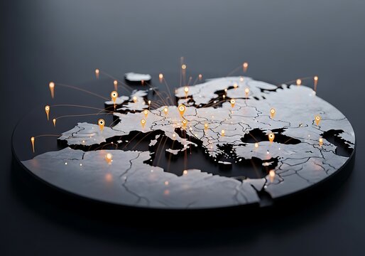 Digital map of europe with glowing connection points representing cities and data flow, symbolizing global network and technology