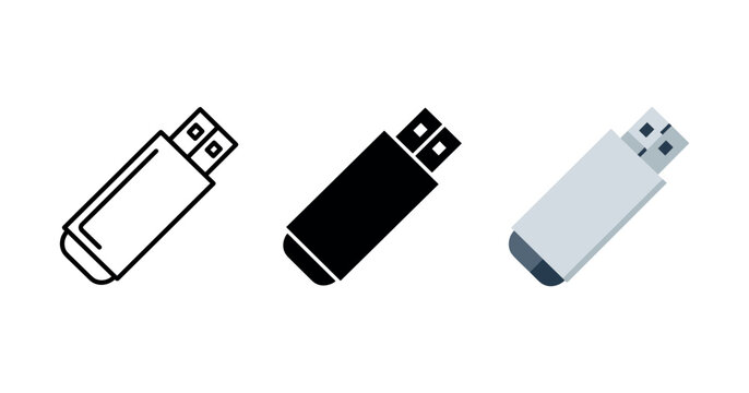 Usb flash drive icons in outline, solid, and colored styles