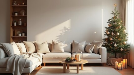 Living room decorated for christmas with a tree sofa and coffee table in a cozy setting