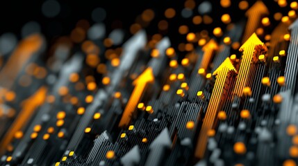 Data Surge, Abstract Arrows Rising with Orange Glow Representing Market Momentum and Economic Growth Trends