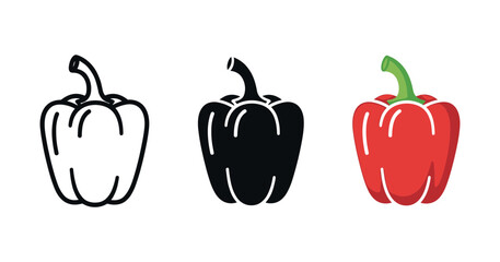Three bell peppers: outline, silhouette, and colorful red pepper illustration