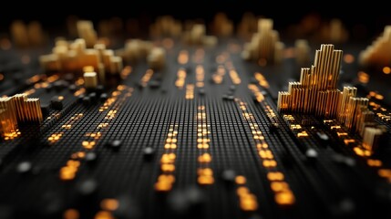 Illuminated Financial Data Towers Rising from a Matrix Grid in a Futuristic Abstract Visualization