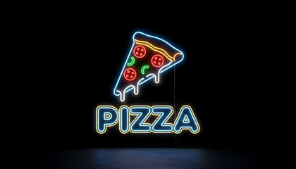 Vibrant neon pizza sign illuminating a dark background, showcasing a glowing slice of pepperoni pizza above the word 'PIZZA', perfect for restaurant branding or a lively food theme