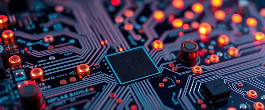 Close-up of a complex circuit board, glowing nodes simulating AI thought processes,  background,  cognitive