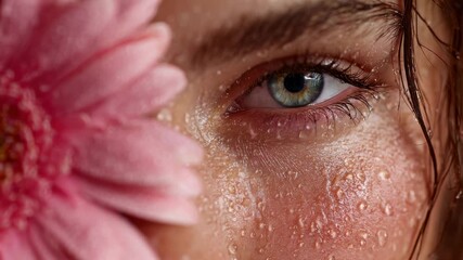 Close look at a person's eye with water droplets and a pink flower highlighting natural beauty in a serene environment - Powered by Adobe