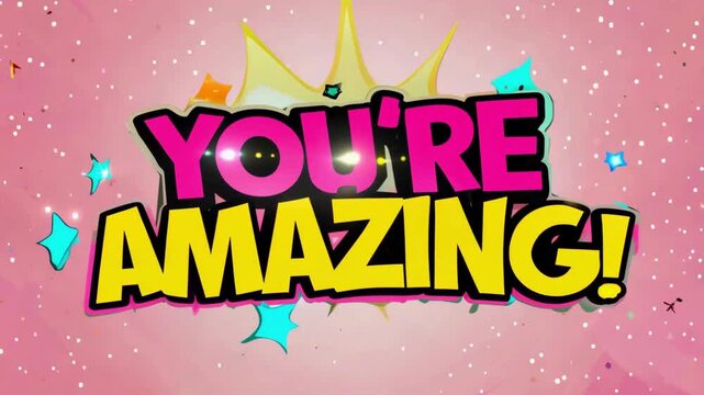 Youre Amazing Comic Text Animation on Pink Starburst Background. Cute Pop Art Motion Graphics for Compliments and Motivation.