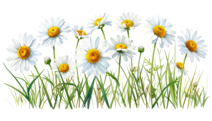 Close-up illustration of a cluster of vibrant white daisies with yellow centers nestled in green blades of grass