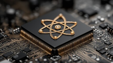 Golden Quantum Chip on Circuit Board Showcasing Atomic Symbol and Advanced Computing Design