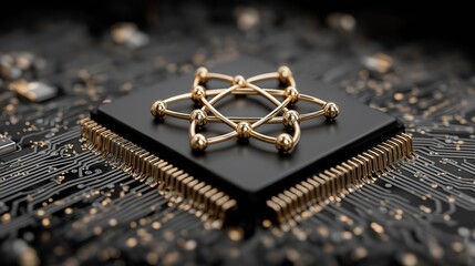 Quantum Processor with Golden Atomic Network on Black Circuit Board Representing Advanced Computational Technology