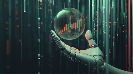 Futuristic Robotic Hand Analyzing Digital Globe with Financial Data and Market Charts in a High-Tech Sci-Fi Environment