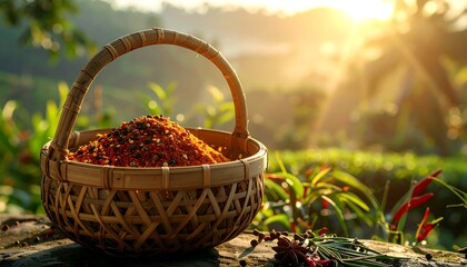 A basket of mixed spices sits against a sunny, blurred, green backdrop filled with plants and trees