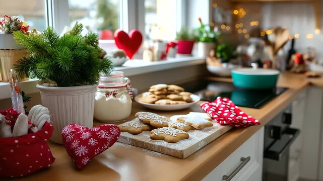 Defocused cozy kitchen where homemade cookies and handmade decorations are prepared for donation, holiday aroma theme, with copy space.