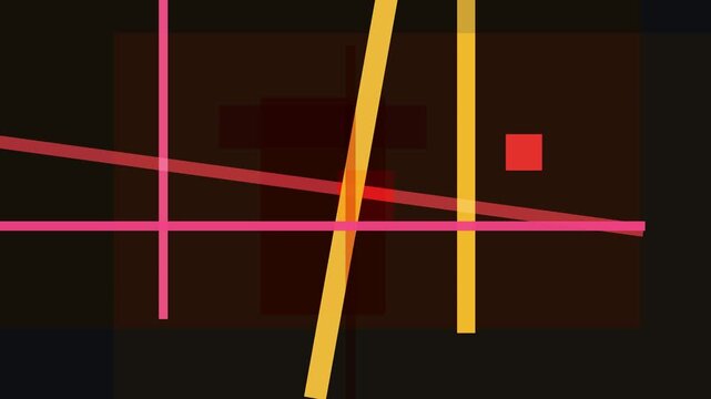 Abstract geometric composition with intersecting lines and squares in warm tones and dark background