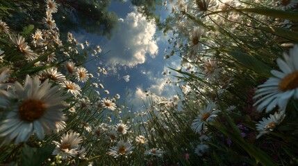 Looking Up Through a Field of Daisies to a Sunny Sky, Peaceful Nature Perspective from the Ground