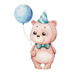 Adorable watercolor baby bear wearing a festive hat and a cute bow tie holding a colorful balloon, hand-painted animal illustration perfect for nursery decor, greeting cards, and kids designs