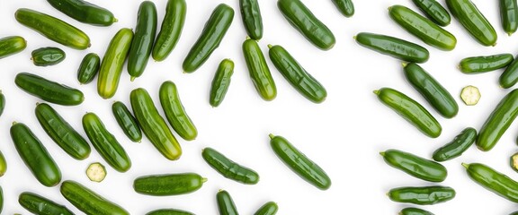 Infinite repeating pattern of green cucumbers on white background, farm, closeup