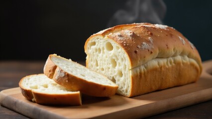 Freshly baked loaf of bread sits atop a clean cutting board, ready for use