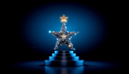 Blue background with a blue and silver star on the podium. Christmas, New Year's Eve, New Year's Day