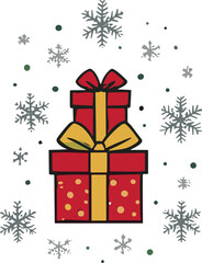 Christmas gift box with golden ribbon, festive present with snowflakes, winter holiday background, joyful celebration design, and seasonal decoration