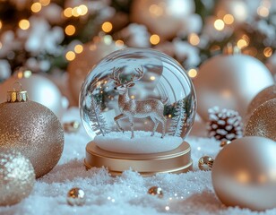A glass ball with a reindeer and snow, surrounded by pearl baubles and spruce branches. Christmas arrangement.