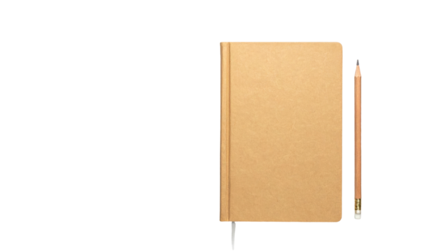 A flat-lay photo showcasing a closed book with a textured, beige cover and a matching pencil on a black backdrop